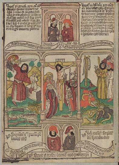 Lanzenstich nach der Kreuzigung Jesu (Mitte) mit der Erschaffung Evas sowie dem Schlag des Moses auf den Felsen im lateinischen Blockbuch der &bdquo;Armenbibel&ldquo; (Xylogr. 27, Bl. 14r)