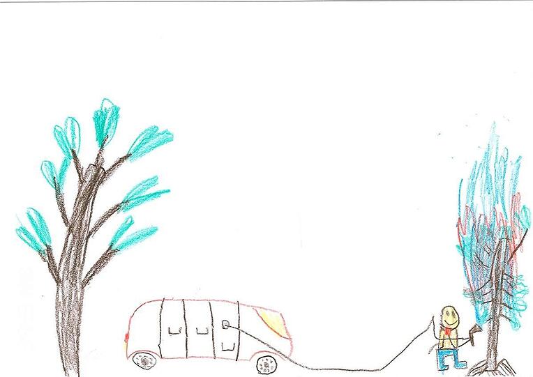 "Liebe Feuerwehrmänner, ich habe euch ein Feuerwehrauto gemalt. Der Feuerwehrmann mit dem Wasserschlauch löscht gerade den brennenden Baum. Fast hat er es schon geschafft." (F., 5 Jahre)