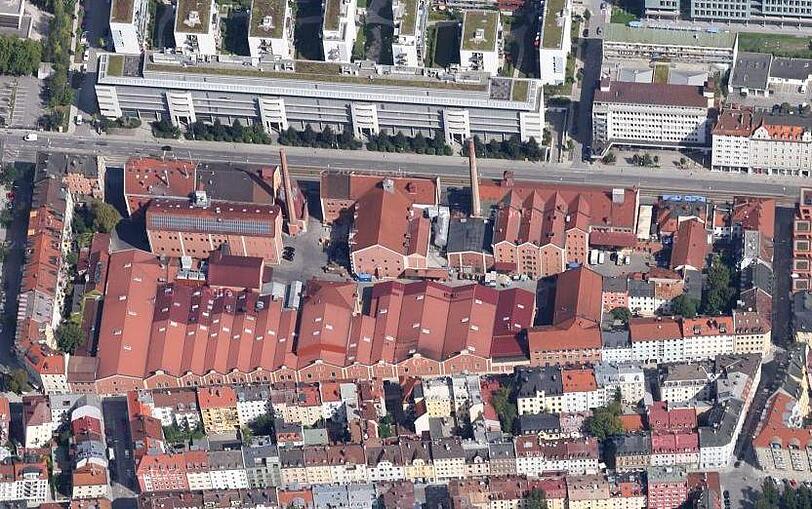 Die Augustiner Brauerei an der Landsberger Straße. Ganz links im Bild die Schrenkstraße, ganz rechts die Holzapfelstraße.