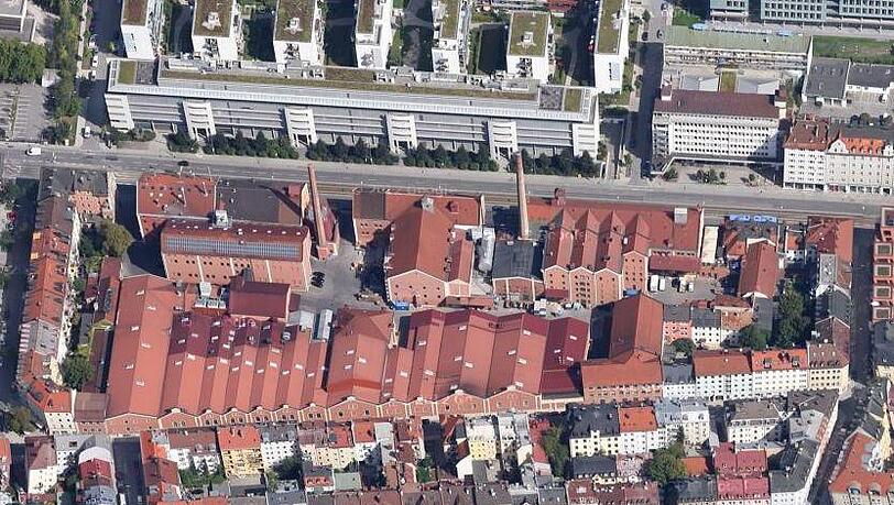 Die Augustiner Brauerei an der Landsberger Straße. Ganz links im Bild die Schrenkstraße, ganz rechts die Holzapfelstraße.