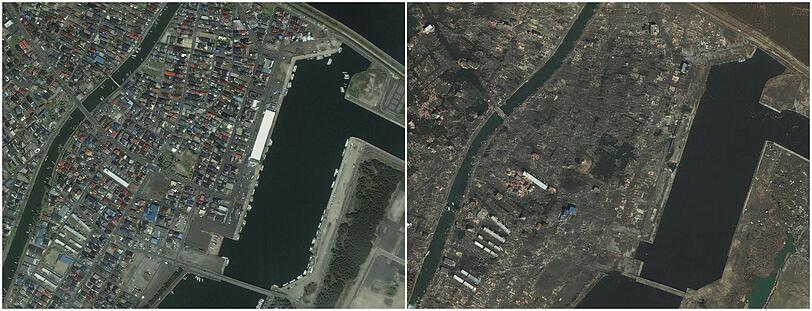 Yuriage am 4. April 2010 und nach dem Tsunami am 11. März 2011.