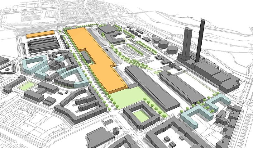 Der orange längliche Block in der Mitte stellt den möglichen Neubau der Großmarkthalle dar. Links daneben die alte Thalkirchner Straße, die momentan auf dem Großmarktgelände verläuft und wieder geöffnet werden könnte.