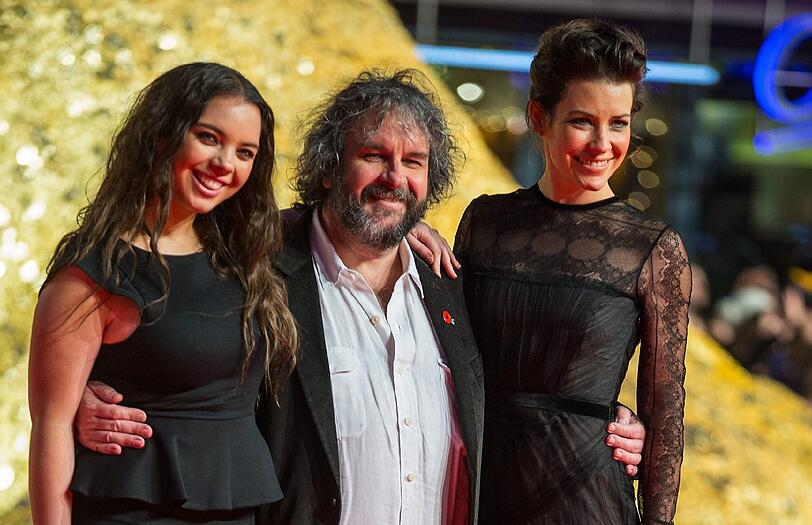 Regisseur Peter Jackson, seine Tochter Katie (l) und die kanadische Schauspielerin Evangeline Lilly