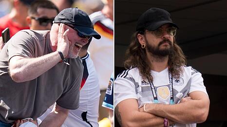 Gleiche Kopfbedeckung, unterschiedliche Stimmungslage: Stefan Raab (l.) und Tom Kaulitz beim Spiel der deutschen Nationalmannschaft gegen Ecuador.