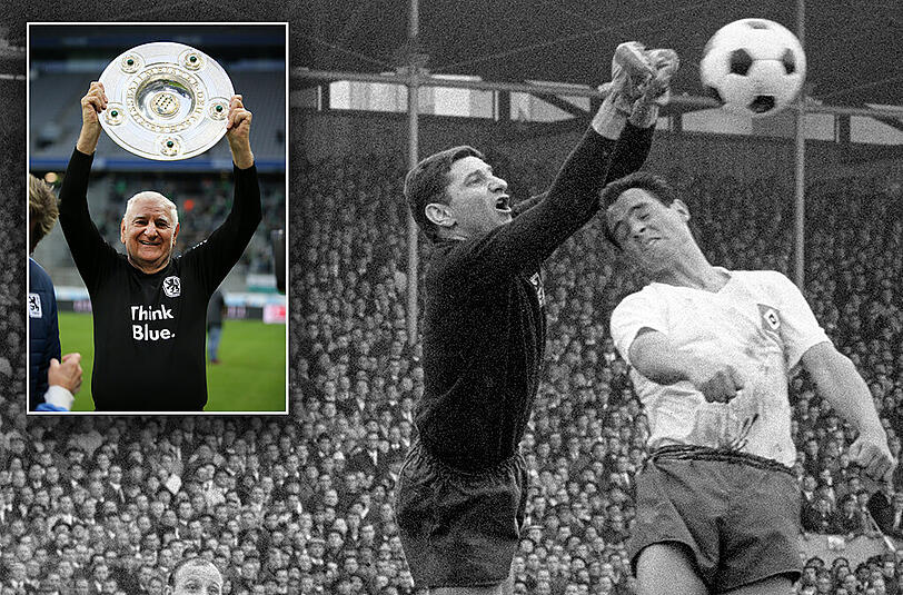 Prägte das moderne Torhüterspiel: Radenkovic (l.), hier gegen Manfred Pohlschmidt vom Hamburger SV. Kleines Bild: Radenkovic bei der Jubiläumsfeier des TSV.