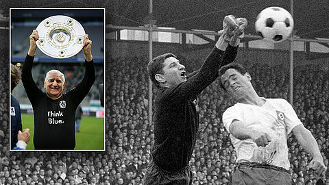 Prägte das moderne Torhüterspiel: Radenkovic (l.), hier gegen Manfred Pohlschmidt vom Hamburger SV. Kleines Bild: Radenkovic bei der Jubiläumsfeier des TSV.