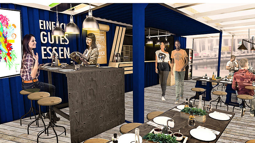 Die Visualisierung zeigt das erste Pop-up-Bistro: Drei Monate lang werden Besuchern in Köln Gerichte und Getränke aus dem Aldi-Süd-Sortiment angeboten.