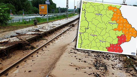 Unwetterwarnung im Südosten Bayerns: In den roteingefärbten Landkreisen herrscht Warnstufe 3 von 4.