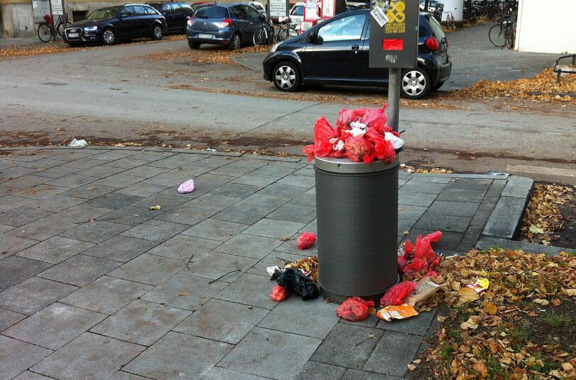 Man sieht vor allem Hundekot-Beutel, die aus dem Abfalleimer quellen. Darunter verbergen sich aber auch sperrige Verpackungen, die im Behälter unnötig viel Platz blockieren.