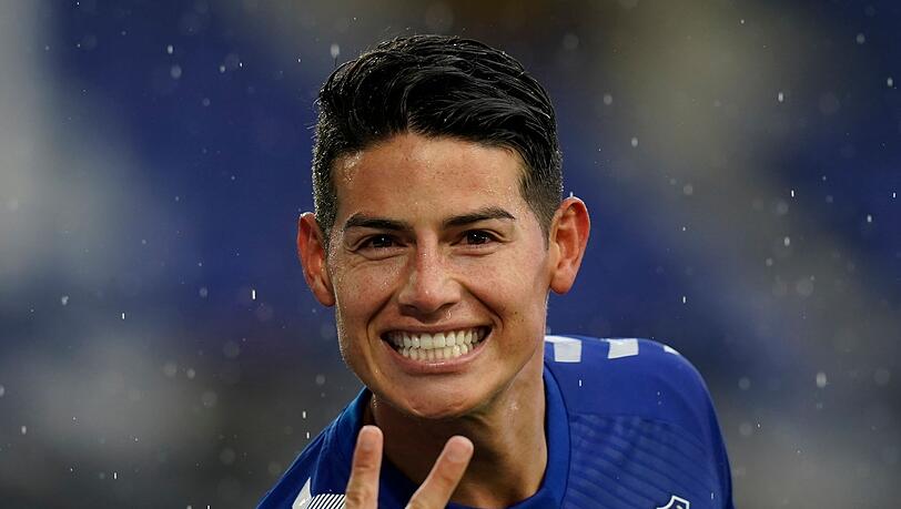 James Rodriguez, damals im Trikot vom FC Everton, feiert sein Tor.