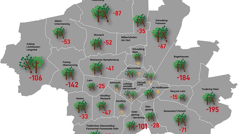 So schaut die städtische Baumbilanz in den verschiedenen Stadtbezirken aus. Besonders in Trudering-Riem wurden deutlich mehr Bäume von privaten Bauherren gefällt, als nachgepflanzt wurden. So schaut die städtische Baumbilanz in den verschiedenen Stadtbezirken aus. Besonders in Trudering-Riem wurden deutlich mehr Bäume von privaten Bauherren gefällt, als nachgepflanzt wurden.