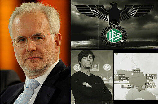 Ein Beitrag in Schmidts Show zog einen Vergleich zwischen Fußball und dem Zweiten Weltkrieg. Harald Schmidt moderierte ihn mit den Worten an: "Ich würde auch gern was für unsere englischen Freunde tun." Dann gab es in eine Art Reichsadler zu sehen, der sich statt des Hakenkreuzes das DFB-Logo krallt. In körnigem Sepia brettern anschließend Lkw über eine marode Straße. Eine blecherne Stimme tönt: "Die deutsche Blitzoffensive in Richtung Ukraine kommt gut voran". Und: "Der Endsieg für Deutschlands Fußballhelden ist zum Greifen nah".