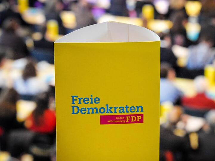 Das Logo der Partei FDP ist auf einem Pappaufsteller zu sehen. Foto: Larissa Schwedes/Archiv