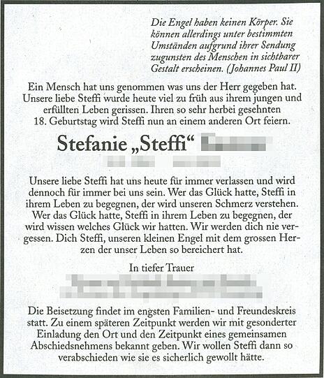 Der Gipfel im Stalking-Fall um die 17-jährige "Steffi": Der Täter schaltet eine falsche Todesanzeige in der SZ