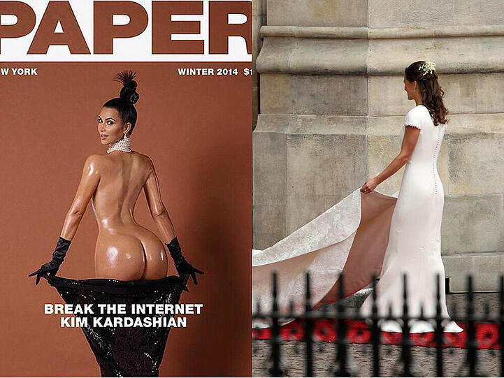 Wirklich kaum zu vergleichen: links Kim Kardashian auf dem Magazin-Cover, rechts Pippa Middleton bei der Hochzeit von Kate und William 2011