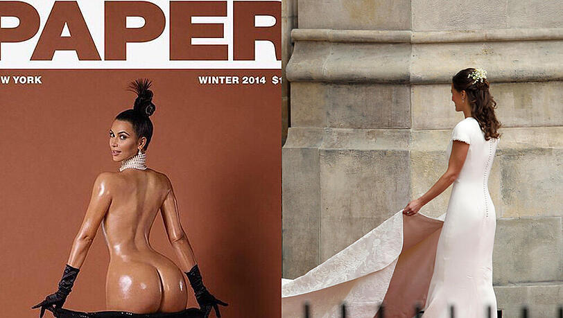 Wirklich kaum zu vergleichen: links Kim Kardashian auf dem Magazin-Cover, rechts Pippa Middleton bei der Hochzeit von Kate und William 2011 Wirklich kaum zu vergleichen: links Kim Kardashian auf dem Magazin-Cover, rechts Pippa Middleton bei der Hochzeit von Kate und William 2011