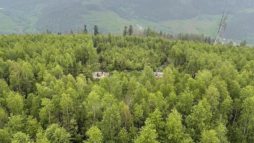 Inmitten von dichtem Wald blitzen die Zelte des Trekkingcamps an der Thüringer Warte hervor.