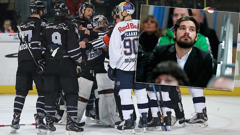 Nürnbergs Goalie Reimer (M.) legt sich mit EHC-Raubein Steve Pinizotto an.