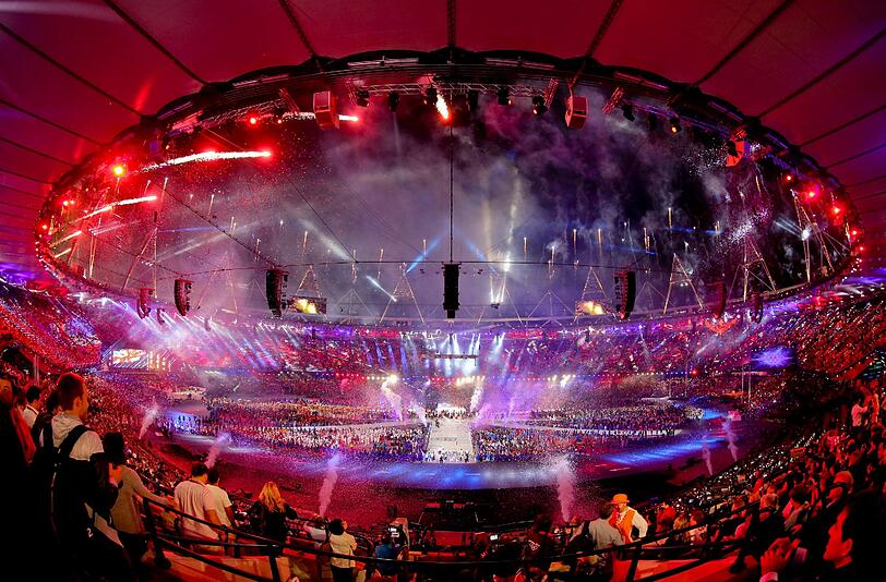 Bei der gigantischen Abschlussfeier der Olympischen Spiele in London heizten Rock- und Popstars wie Queen, George Michael, die Spice Girls und The Who Publikum und Sportlern ein.