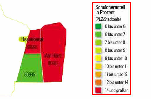 Beim Thema Finanzen zieht sich ein Riss durch die Stadt. In Riem und am Hasenbergl sind die Menschen besonders häufig verschuldet.