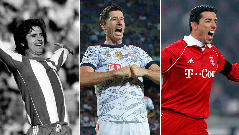 An ihnen muss sich Harry Kane messen lassen: Die FCB-Neuner-Legenden Gerd Müller, Robert Lewandowski und Roy Makaay.