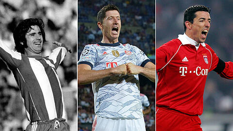 An ihnen muss sich Harry Kane messen lassen: Die FCB-Neuner-Legenden Gerd Müller, Robert Lewandowski und Roy Makaay.