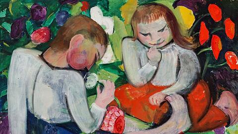 Hier treffen Maria Franck-Marcks Favoriten aufeinander: "Zwei Kinder zwischen Blumen" d&uuml;rfte sie um 1912 gemalt haben. Ihre eigenen Werke hat sie weder datiert noch signiert. Und allenfalls notd&uuml;rftig gerahmt.