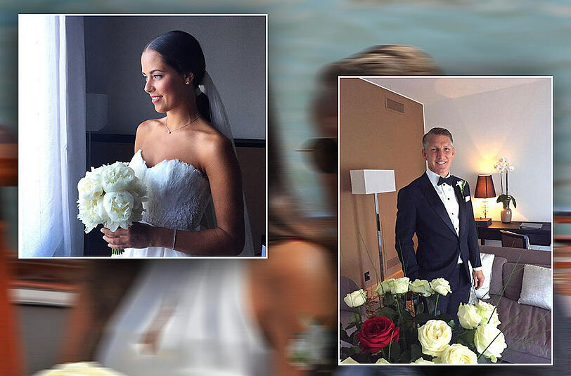 Riesige Vorfreude beim Paar: Ana Ivanovic und Bastian Schweinsteiger in ihren Hochzeits-Outfits.