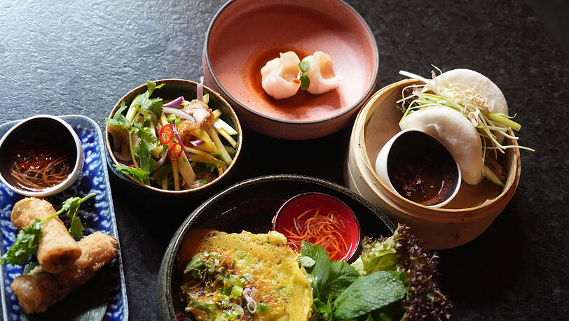 V.l, oben: Frühlingsrollen, Mangosalat, Dumplings (Teigtaschen) mit Garnelen, Dampfnudel mit Ente. Mitte: Reiscrèpes mit Shrimps und Schwein. V.l, oben: Frühlingsrollen, Mangosalat, Dumplings (Teigtaschen) mit Garnelen, Dampfnudel mit Ente. Mitte: Reiscrèpes mit Shrimps und Schwein.