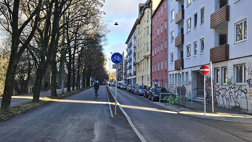 Der neue Radweg zwischen Kreuzplätzchen und Ludwigsbrücke: Für den breiteren Radweg, der nun in beide Richtungen befahren wird, mussten die Parkplätze auf der linken Straßenseite weichen. Früher verlief der Radweg hier auf deutlich schmaleren Spuren rechts und links des Baumgrabens. Die Radspur links der Bäume wurde nun dem Gehweg zugeschlagen. Der neue Radweg zwischen Kreuzplätzchen und Ludwigsbrücke: Für den breiteren Radweg, der nun in beide Richtungen befahren wird, mussten die Parkplätze auf der linken Straßenseite weichen. Früher verlief der Radweg hier auf deutlich schmaleren Spuren rechts und links des Baumgrabens. Die Radspur links der Bäume wurde nun dem Gehweg zugeschlagen.