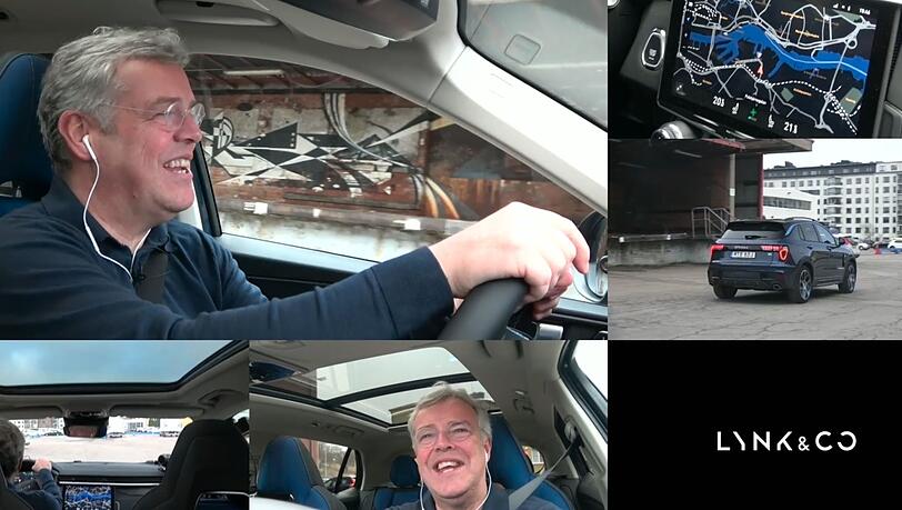 Lynk & Co-Chef Alain Visser bei seiner aus vielen Blickwinkeln gezeigten Live-Testfahrt. Lynk & Co-Chef Alain Visser bei seiner aus vielen Blickwinkeln gezeigten Live-Testfahrt.