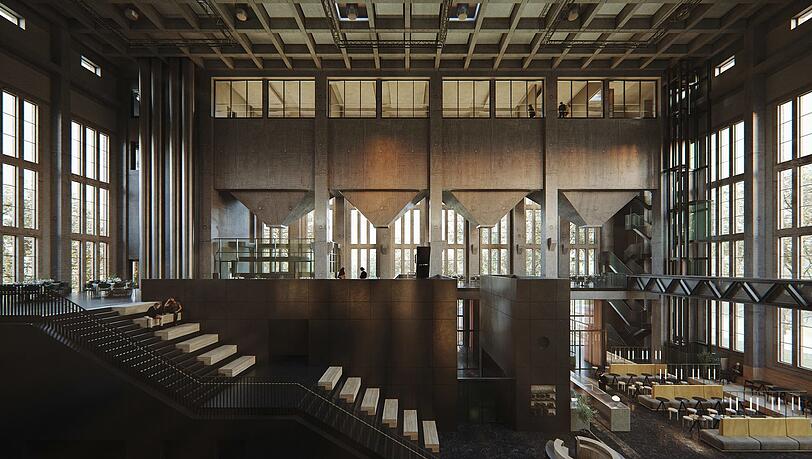 So soll die Kesselhalle mal aussehen - als "Atrium" mit Bühne, Tagesbar und Restaurant. Über den Silos (oben) liegt dann Galeriefläche für Kunst.