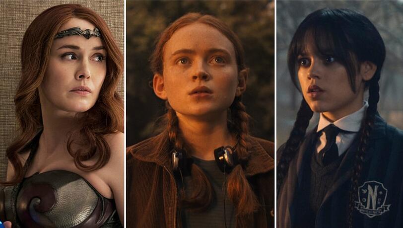 Wie geht es mit den Serien-Hits "The Boys" (hier Dominique McElligott als Queen Maeve), "Stranger Things" (in der Mitte im Bild: Sadie Sink als Max Mayfield) und "Wednesday" (rechts zu sehen: Jenna Ortega) weiter?