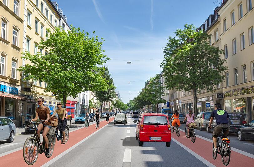 So wünscht es sich das Verkehrsbündnis: Die Visualisierung einer einspurigen Fahrbahn mit breiteren Radlwegen. Das Konzept des Baureferats sieht anders aus.