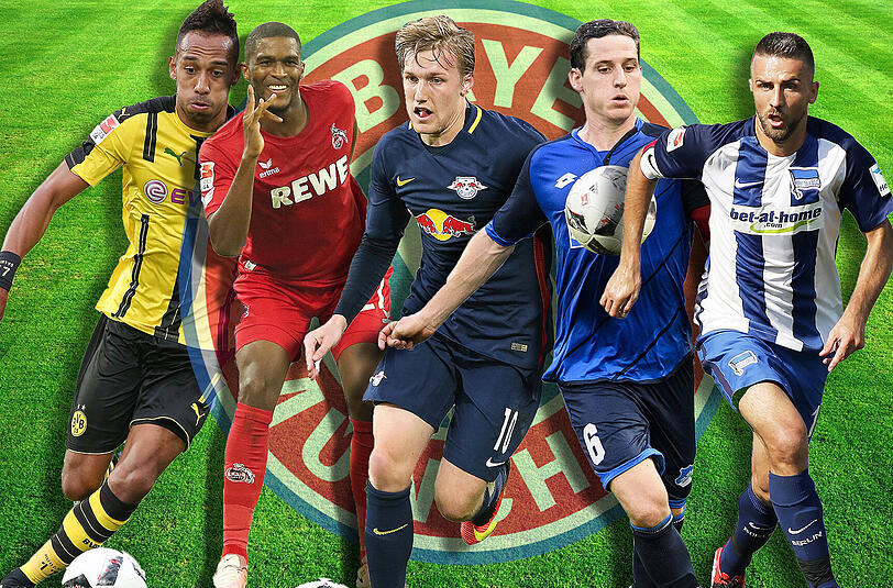 Sie sind hinter den Bayern her: Kölns Anthony Modeste, Herthas Vedad Ibisevic, der Dortmunder Pierre-Emerick Aubameyang, Hoffenheims Sebastian Rudy und Emil Forsberg von RB Leipzig.