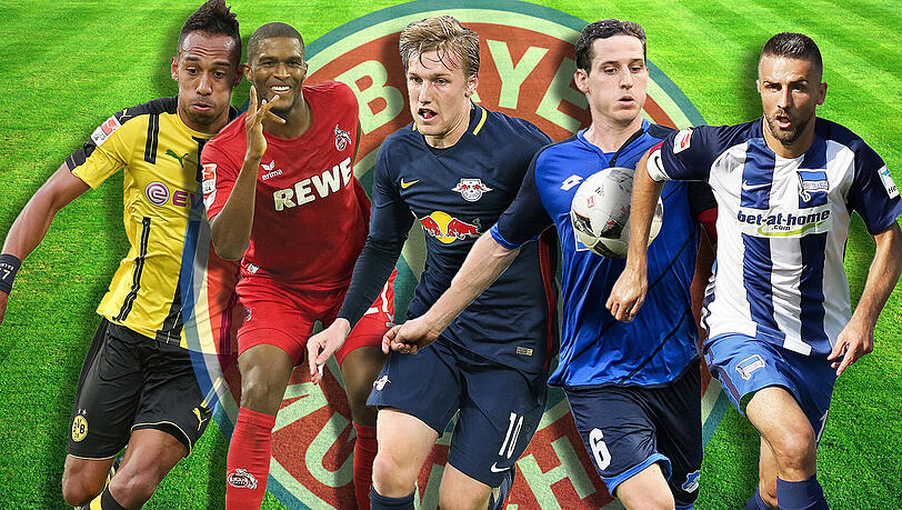 Sie sind hinter den Bayern her: Kölns Anthony Modeste, Herthas Vedad Ibisevic, der Dortmunder Pierre-Emerick Aubameyang, Hoffenheims Sebastian Rudy und Emil Forsberg von RB Leipzig. Sie sind hinter den Bayern her: Kölns Anthony Modeste, Herthas Vedad Ibisevic, der Dortmunder Pierre-Emerick Aubameyang, Hoffenheims Sebastian Rudy und Emil Forsberg von RB Leipzig.