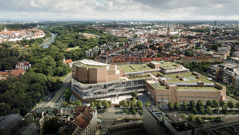 Der neue Gasteig aus der Vogelperspektive mit der verbindenden Kulturbrücke zwischen den zentralen Trakten.