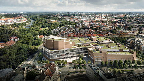 Der neue Gasteig aus der Vogelperspektive mit der verbindenden Kulturbrücke zwischen den zentralen Trakten.