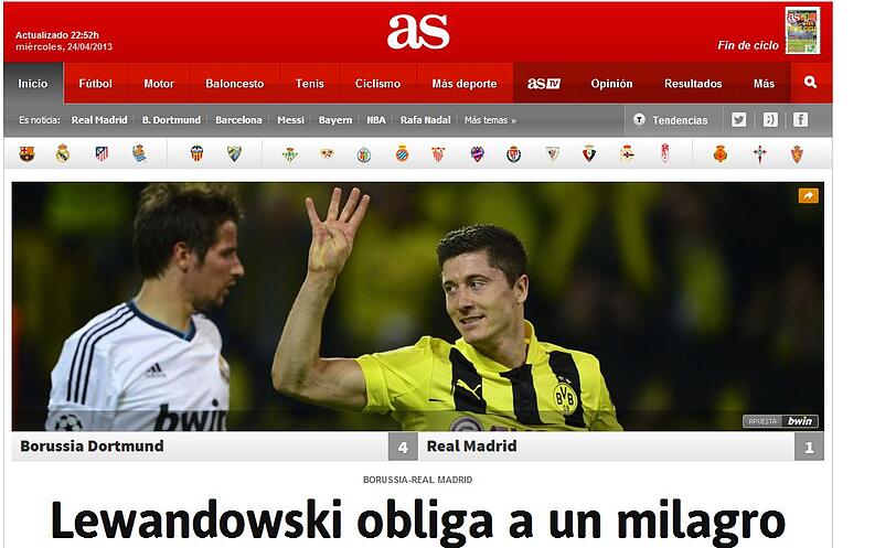 "Lewandowski erzwingt ein Wunder", schreibt das spanische Portal "AS" nicht ohne Bewunderung. Und weiter: "Lewandowski wird zum Albtraum für Real. Madrid wird hinweggefegt von Borussia Dortmund, bleibt aber am Leben durch Cristianos Tor. Ein historisches Comeback muss her. Jetzt beginnt die Operation 3:0.&ldquo;