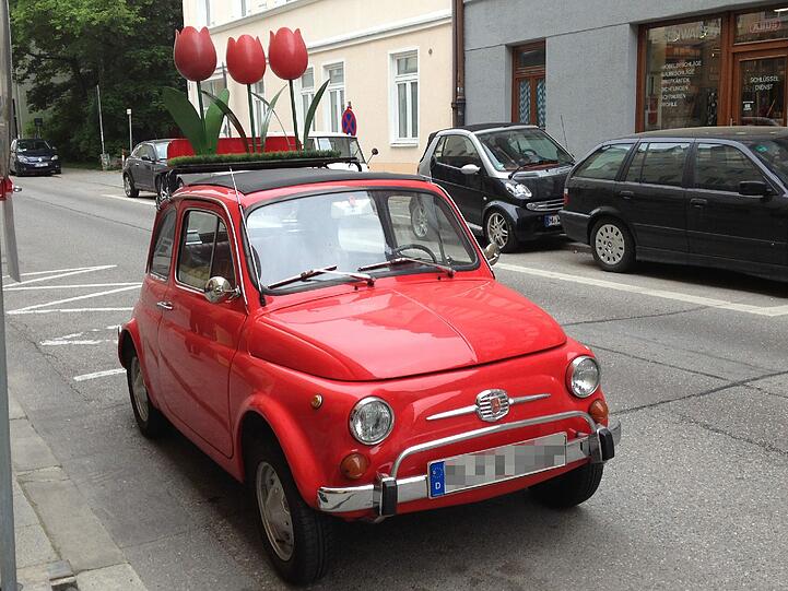 Mit Riesen-Tulpen am Heck fährt dieser Fiat durch die Maxvorstadt.