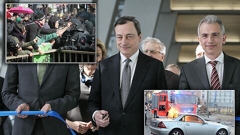 EZB-Präsident Mario Draghi den Neubau der Europäischen Zentralbank feierlich eröffnet. Draußen vor der Tür herrschen massive Krawalle. Die unglaublichen Bilder.