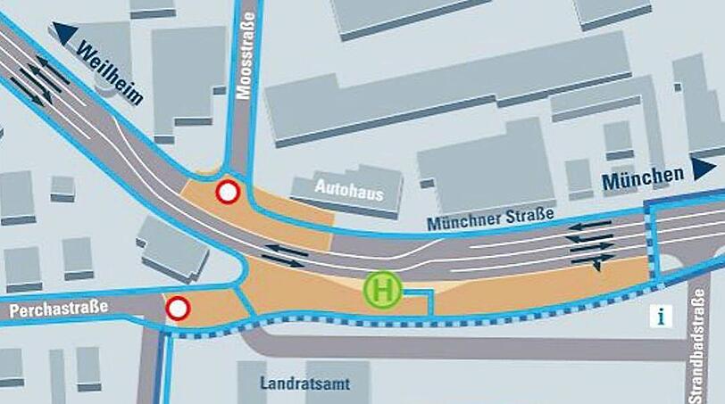 So stellt das Bauamt Weilheim die Verkehrsführung an den ersten beiden Augustwochenenden dar.