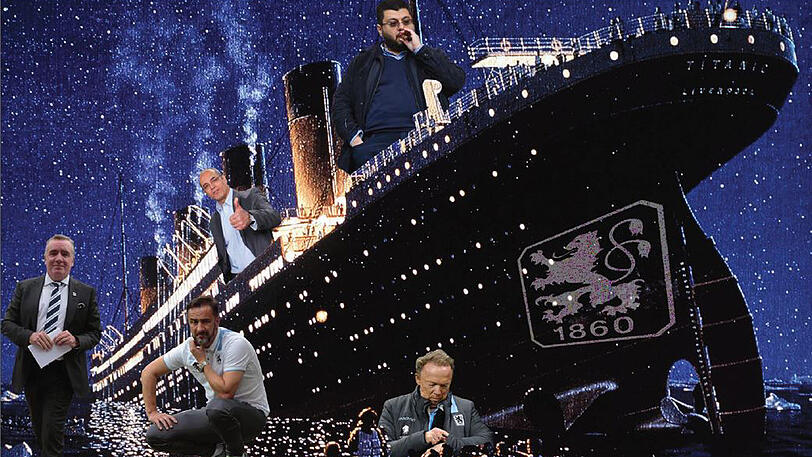 Die Löwen stehen wie einst die Titanic vor dem Untergang, und die Führungspersonen verlassen das sinkende Schiff. Geschäftsführer Ayre (l.) und Präsident Cassalette (rechts vorne) haben hingeschmissen, Trainer Pereira (unten Mitte) steht vor dem Abgang. Was machen Investor Ismaik und sein Vertrauter Anthony Power (oben)?