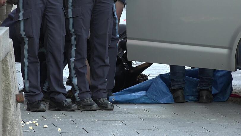 Chaos nach den Angriffen. Die Polizei muss den Kadaver des erschossenen Rottweilers abtransportieren.