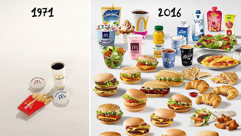 McDonald's Deutschland: Das Produktangebot von 1971 und eine Auswahl von 2016. McDonald's Deutschland: Das Produktangebot von 1971 und eine Auswahl von 2016.