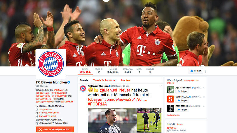 Twitter-Follower FC Bayern: 3,47 Millionen - Facebook: 41,56 Millionen - Instagram: 9,5 Millionen.