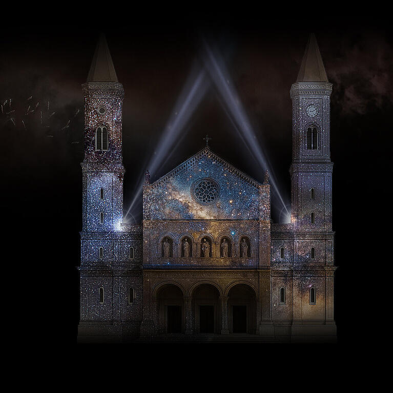 Um Mitternacht wollen Lichtk&uuml;nstler die Ludwigskirche mit einem digitalen Feuerwerk spektakul&auml;r in Szene setzen.