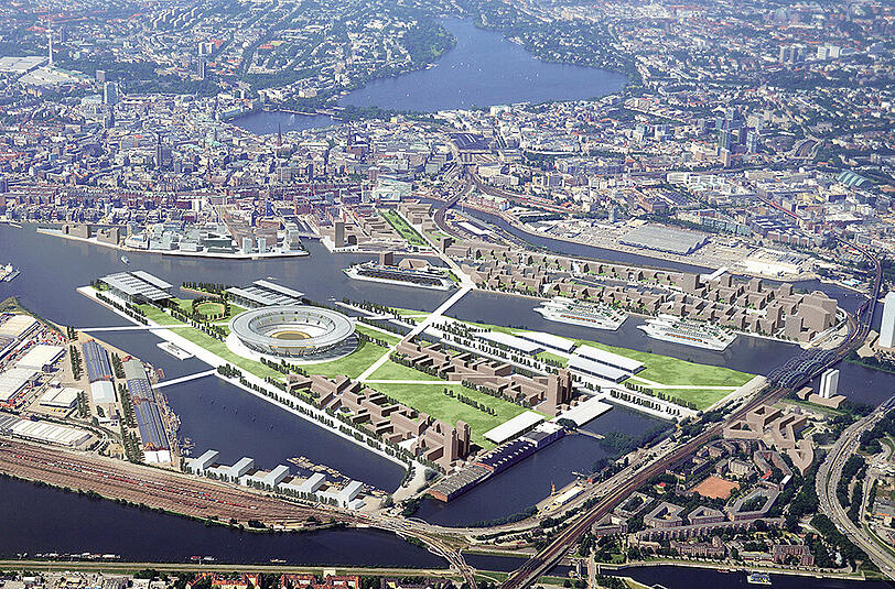 Konzept von der "Olympic City". So könnte das Gelände auf dem Kleinen Grasbrook im Hafen von Hamburg aussehen.