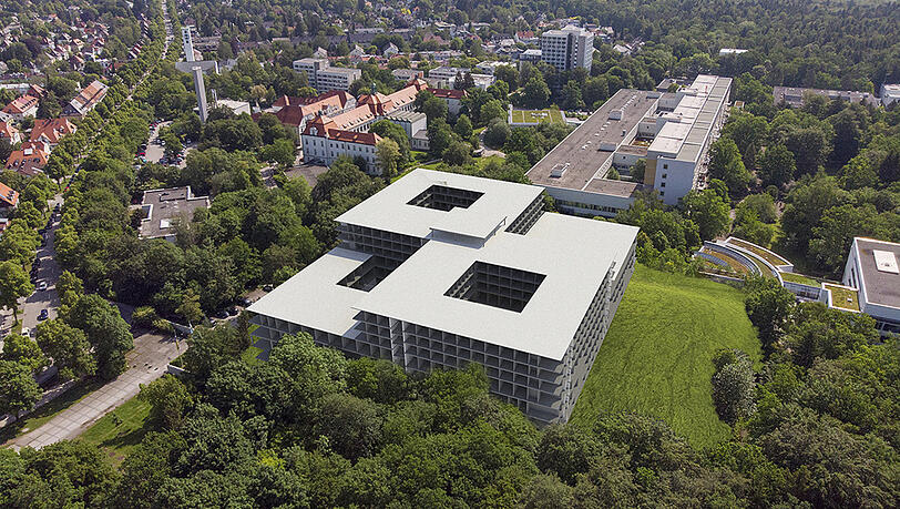 Aus Alt (hinten) wird Neu (vorn): Die Klinik bleibt im Grünen. Aus Alt (hinten) wird Neu (vorn): Die Klinik bleibt im Grünen.