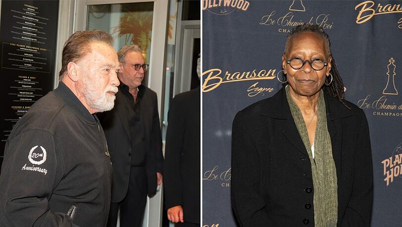 Arnold Schwarzenegger und Whoopi Goldberg trugen Anfang der Neunziger zum Erfolg von Planet Hollywood bei und ließen sich die Neueröffnung in New York nicht entgehen.